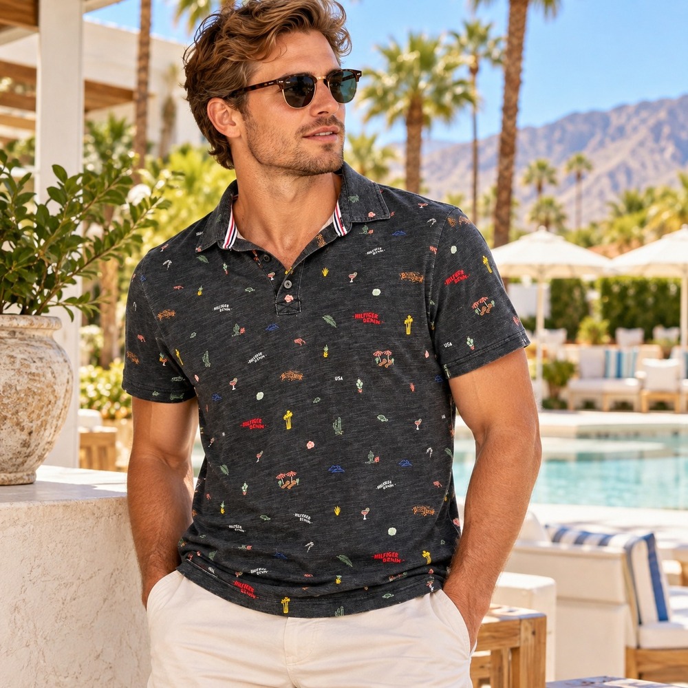 Tommy Hilfiger Denim Mens All Over Vacation Print Polo Shirt M Slim Fit Resort